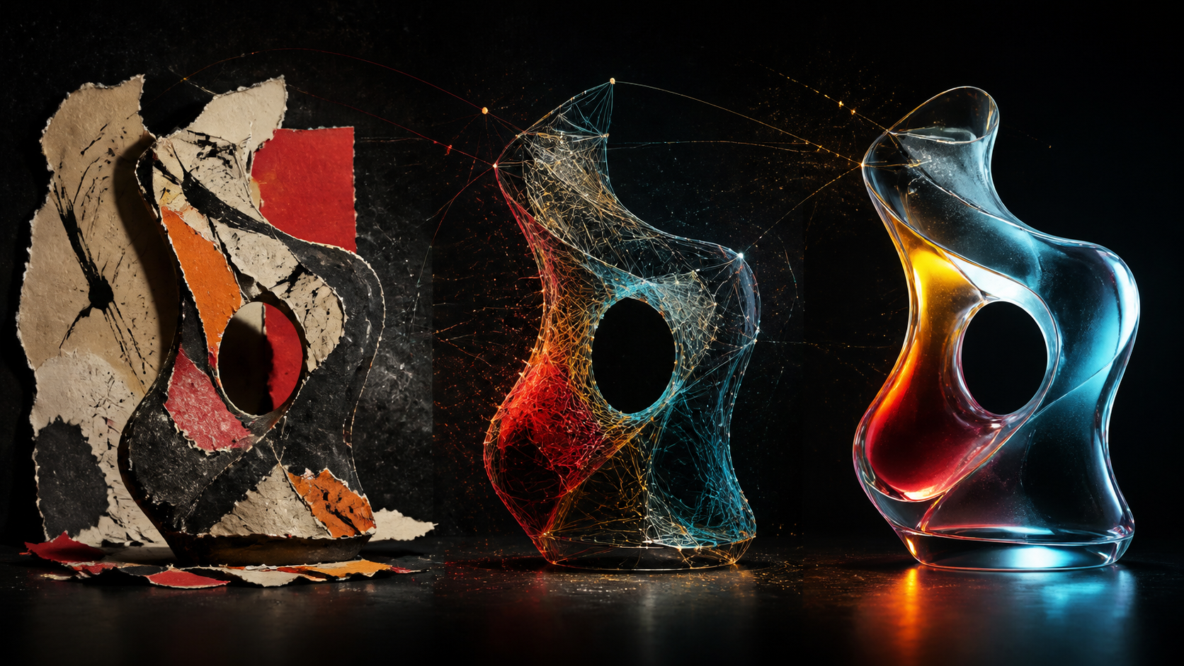 An experimental form evolving from handmade paper collage through generative wireframe into a polished translucent object